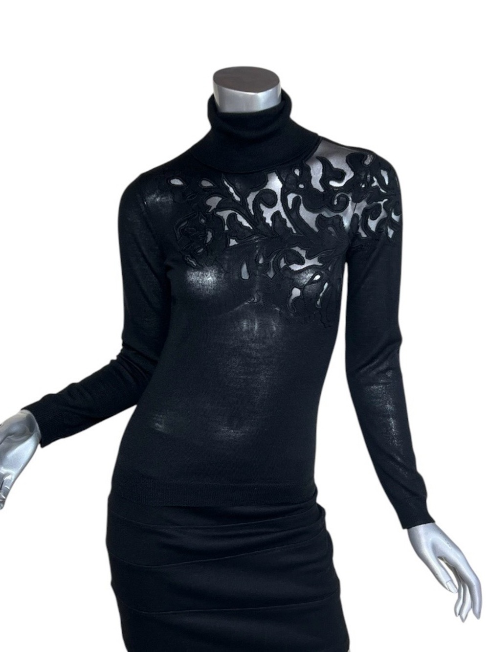 Express Merino Wool Blend Thin Knit Black Turtle Neck Sheer Mesh Sweater SMALL